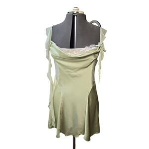 Fairycore Sage Green Satin & Lace Slip Dress Mesh Panel Ruffle Sleeve Mini